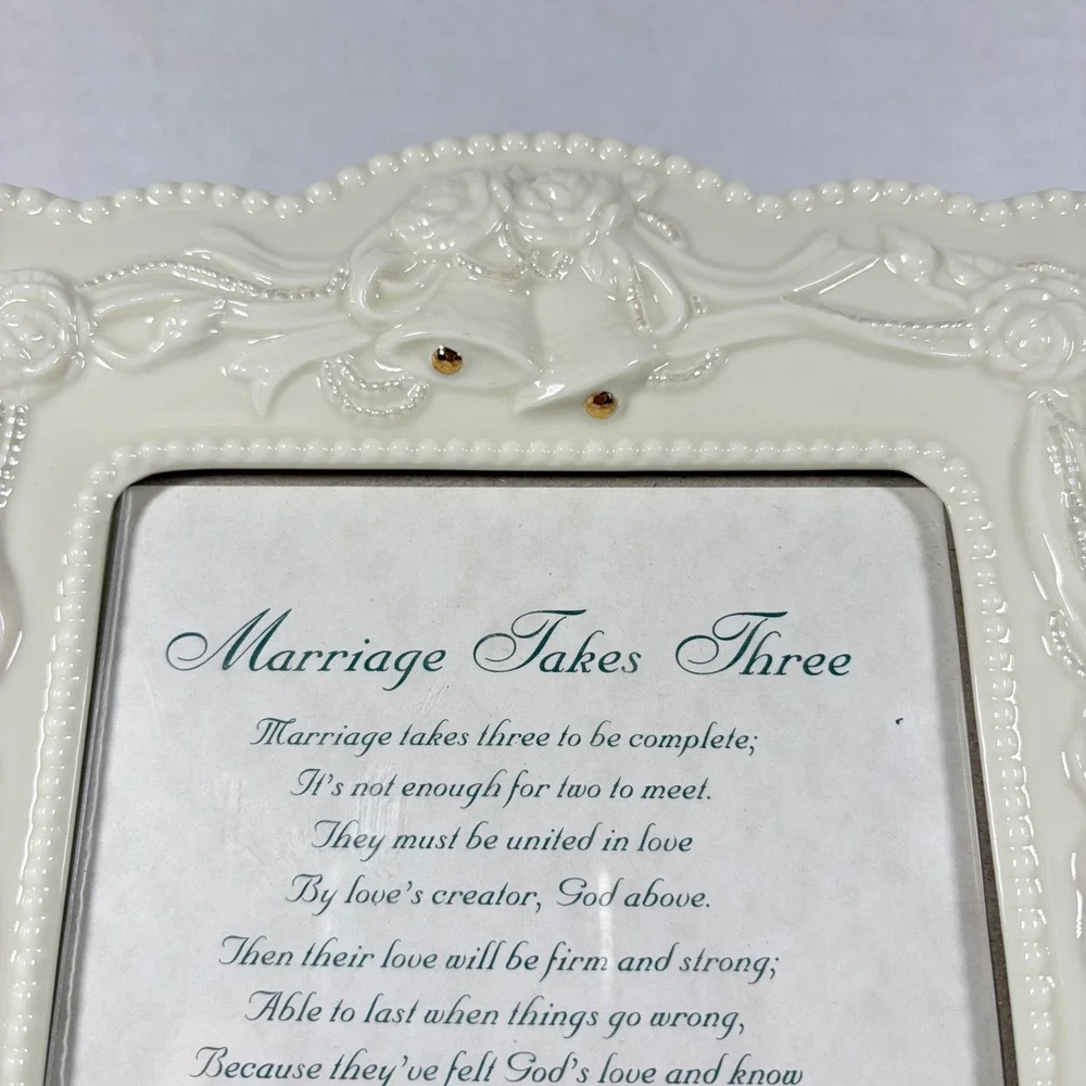 Dicksons Ceramic Wedding Picture Frame Cream Gold Floral Cross Bells Gift